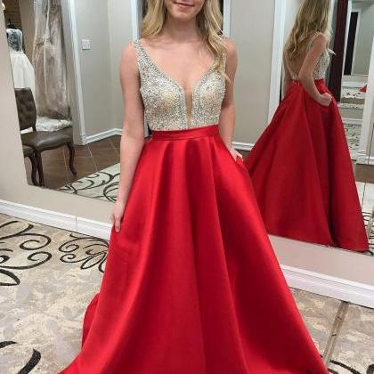 Deep V-neck Beaded Red Satin Prom Dresses With Pocket,long Formal ...