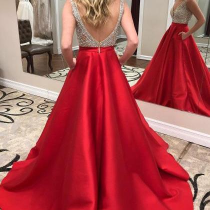 Deep V-neck Beaded Red Satin Prom Dresses With Pocket,long Formal ...