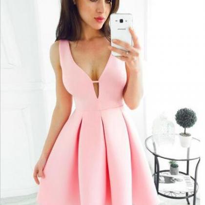 Cute A-line Pink Sleeveless Homecoming Dress,v-neck Short Pleated Party ...
