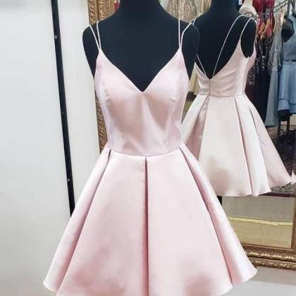 V Neck Short Rose Pink Prom Dresses, Short Rose Pink Formal Graduation Homecoming Dresses main image 1