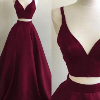 2017 A Line Two-Piece Straps Burgundy Sleeveless Prom Dress