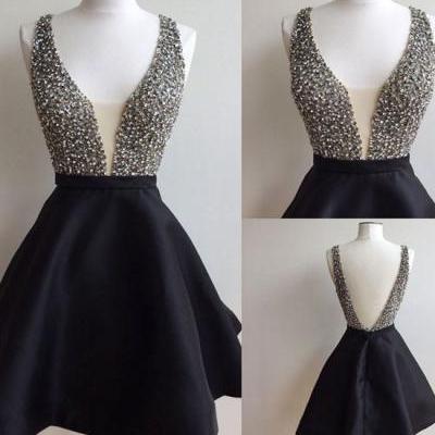 Black V Neck Homecoming Dress,Sequined Beaded Short Prom Dress,Sleeveless Party Dress