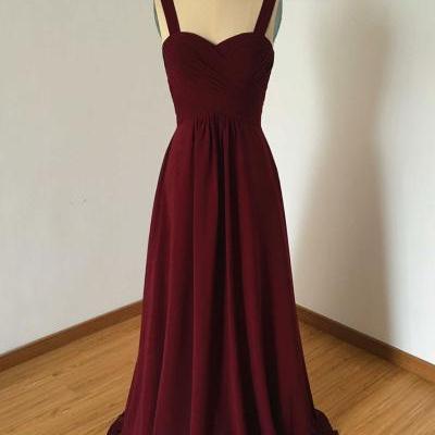 Simple Burgundy Chiffon Prom Dress,A Line Long Evening Dress,Straps Bridesmaid Dresses