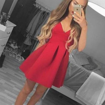 Red V Neck Spaghetti Strap Homecoming Dress,A Line Short Prom Dress,Cocktail Party Dresses