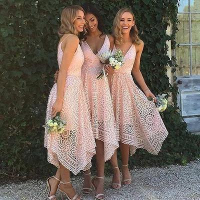 Spaghetti Strap V Neck Lace Prom Dress,Pink bridesmaid Dresses,Asymmetrical V-neck Sleeveless bridesmaid Dresses