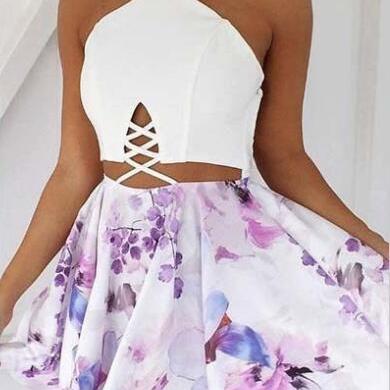 White halter backless floral dress,short printed dress