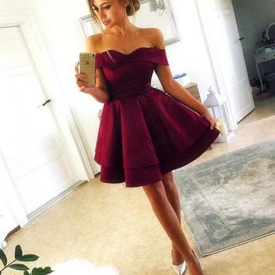 Burgundy Short Satin Prom Dress,Off Shoulder Party Dress,Cute A-Line Homecoming Dress