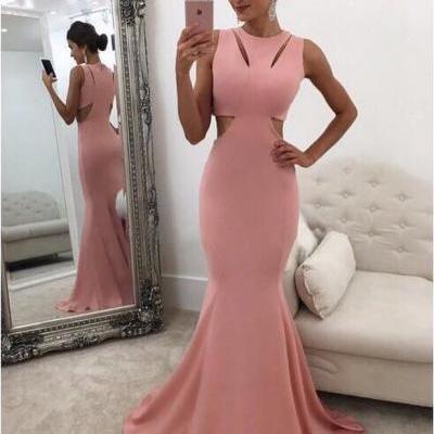 Classic Mermaid Round Neck Pink Prom Dress with Cut-Out,Sweep Train Long Evening Dress