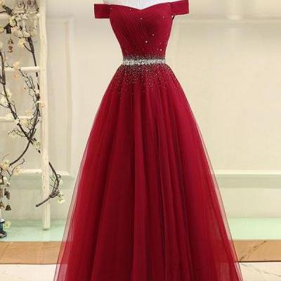 Cheap Burgundy Off-the-shoulder Beaded Sequined Prom Dresses,A-Line Tulle Evening Dress