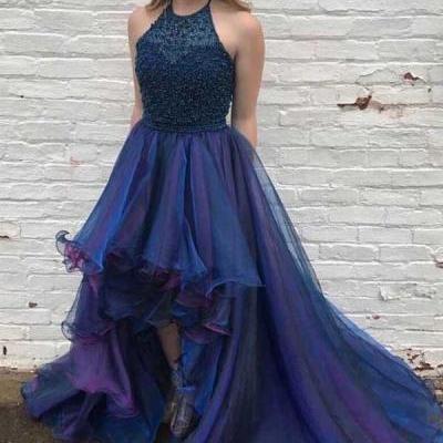 Charming Royal Blue Halter Beaded High Low Prom Dress, Ruffles Evening Dresses with Court Train