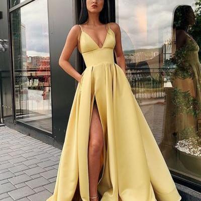 Glamorous yellow v neck satin long prom dress,straps yellow formal evening dress