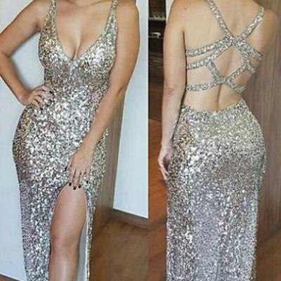 Luxurious Mermaid Long Prom Dress with Side Slit,Deep V-Neck Open Back Floor Length Beading Prom Dress, Silver Sequins Prom Dresses,Sexy Backless Prom Dress