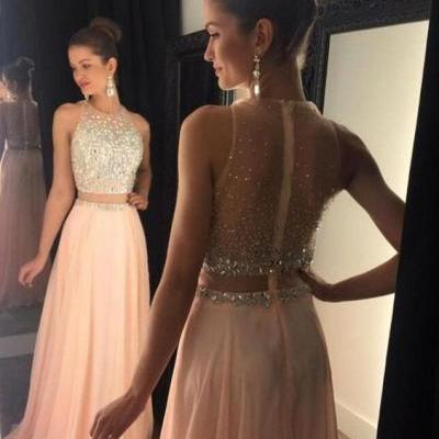 Charming Prom Dress,Two Piece Prom Dress,Light Pink Prom Dress,Beading Prom Dress