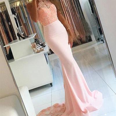 Newest High Neck Pink Mermaid Lace Prom Dress,Backless Evening Dress,Beaded Long Evening Gowns
