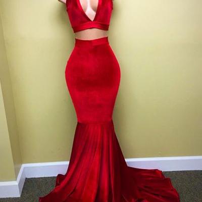Sexy Red Velvet Prom Dress,Mermaid Two Piece Evening Dress