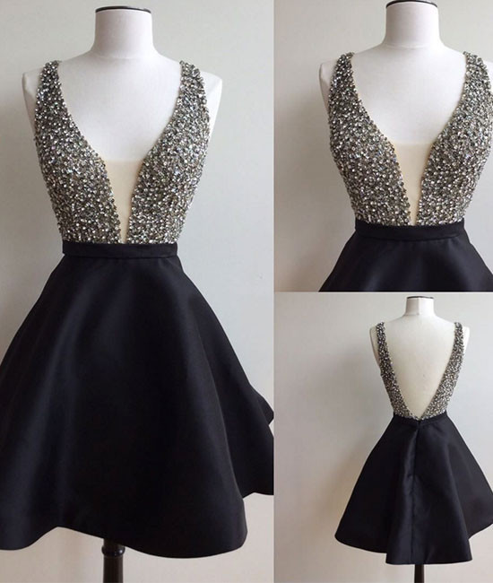 Black V Neck Dress,sequined Beaded Short Prom Dress