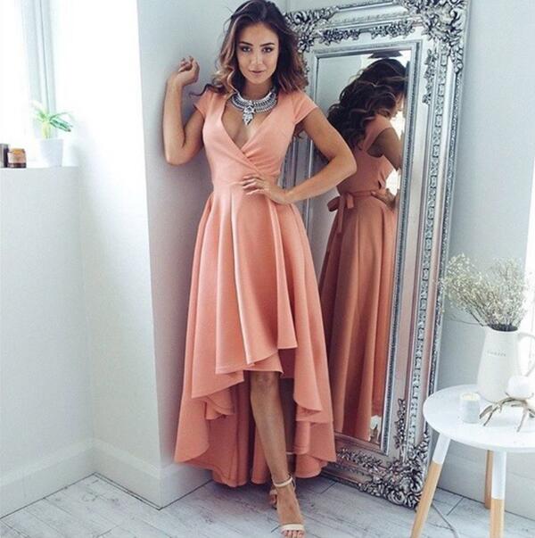 2017 High Low V Neck Blush Party Dress,satin Prom Dress With Short