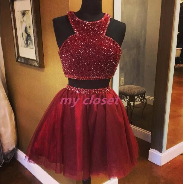 2017 Red Two Pieced Beading Homecoming Dress,Short Tulle Prom Dress ...
