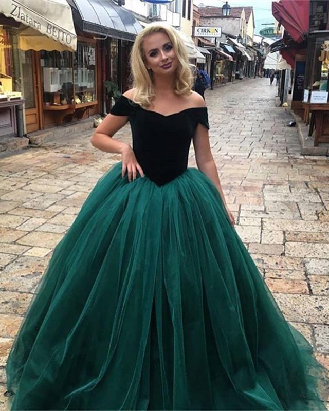 Glamorous Off-The-Shoulder Green Tulle Ball Gown, Long Prom Dresses