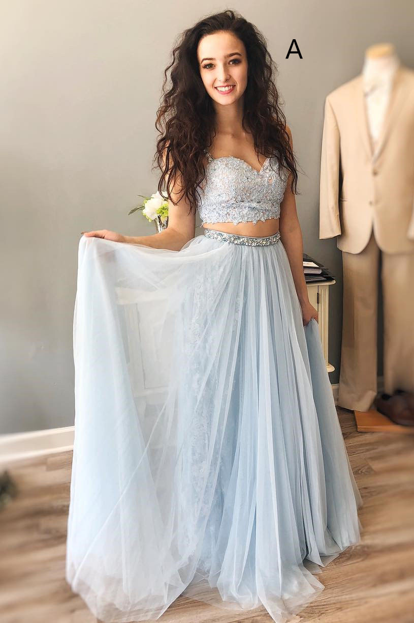 Elegant Sky Blue Two Piece Lace Prom Dress,long Sweetheart Straps ...