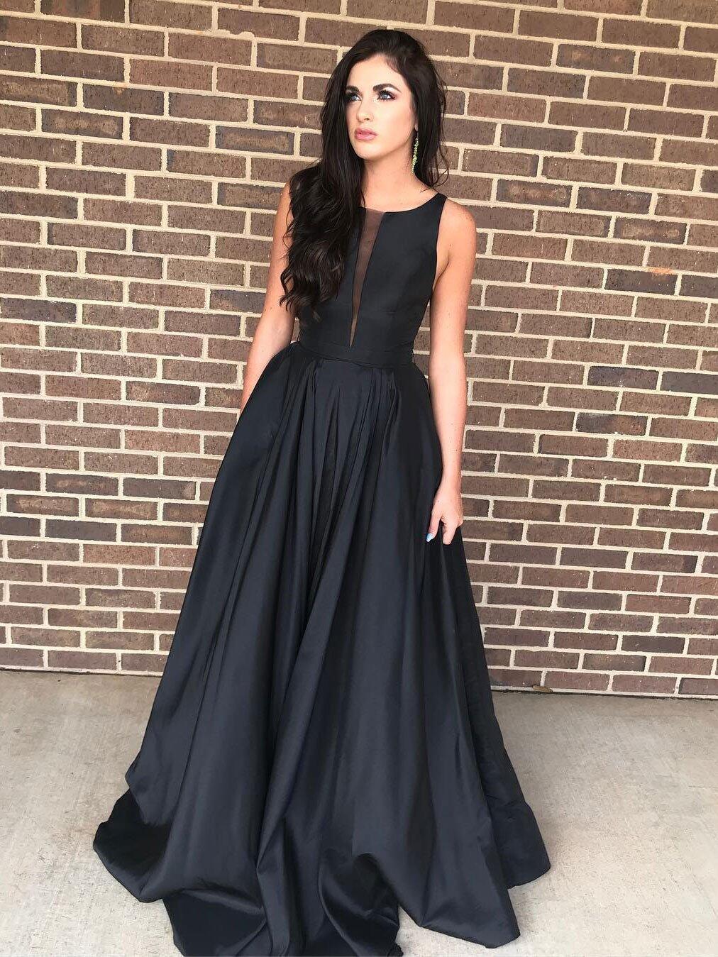 Cheap Black Sleeveless Satin Formal Dresses,Black Plus Size Prom