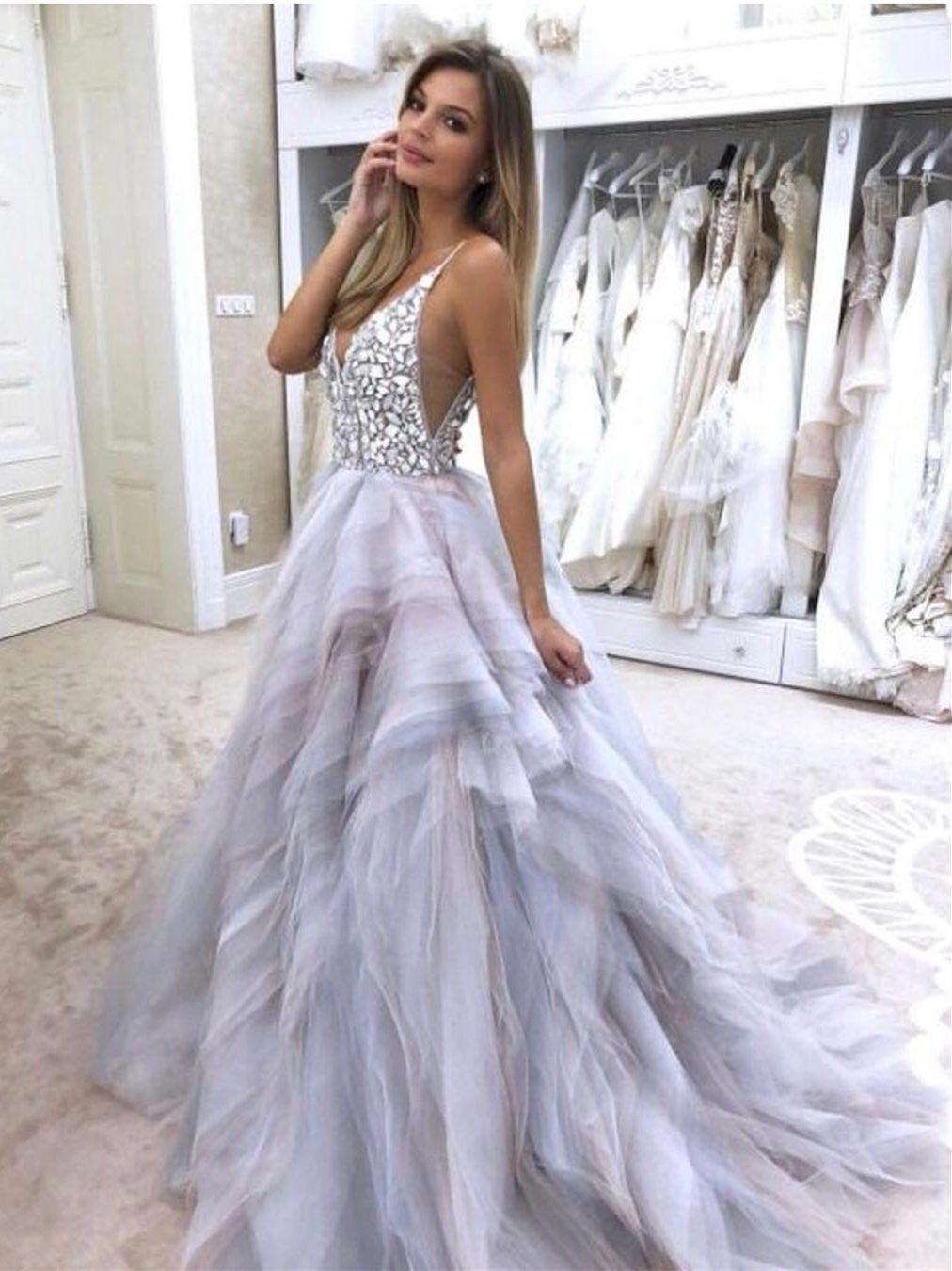 Spaghetti Strap V Neck Silver Wedding Dresses With Rhinestones