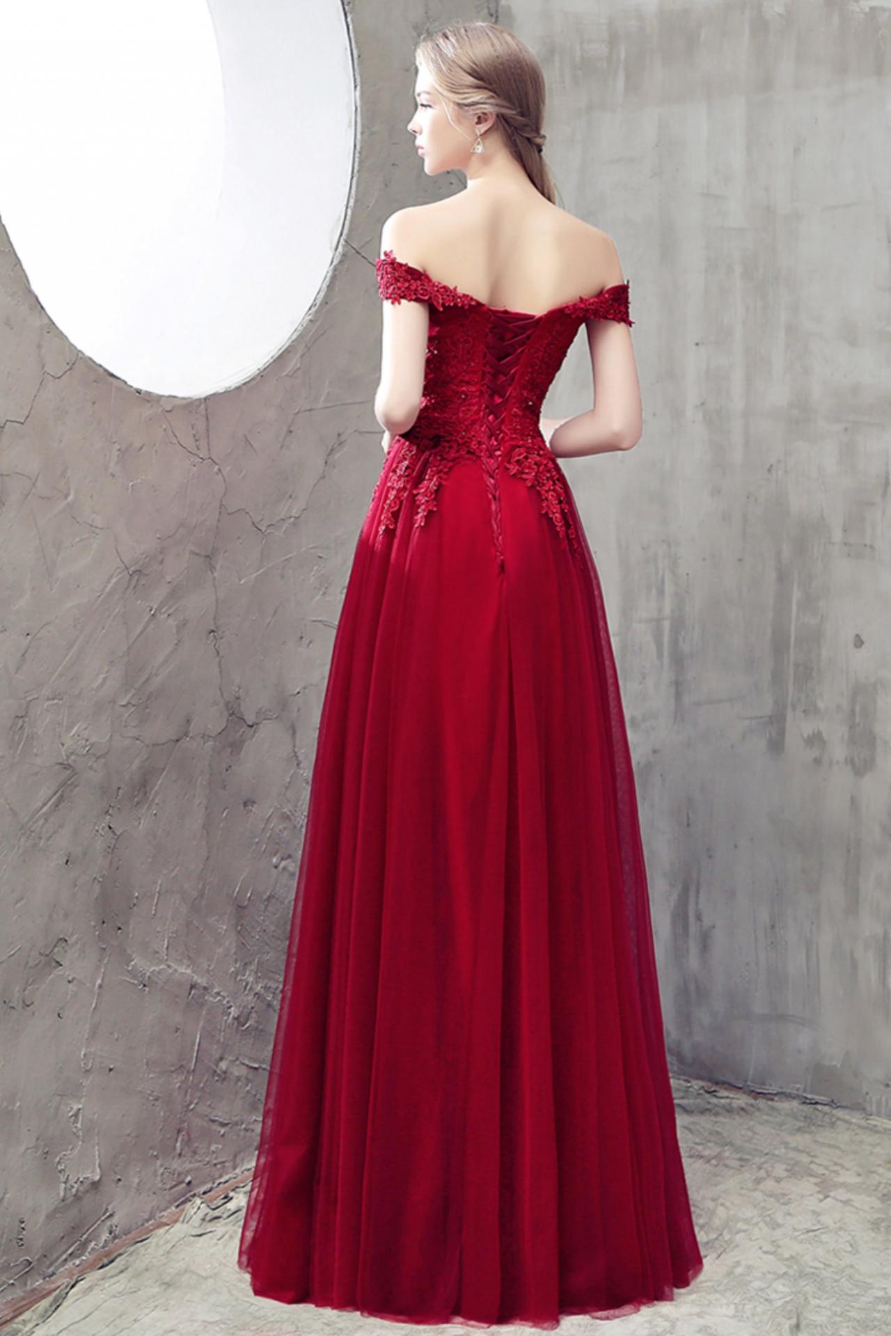 Elegant Burgundy Long Prom Dress With Applique,a-line Lace Tulle Formal ...