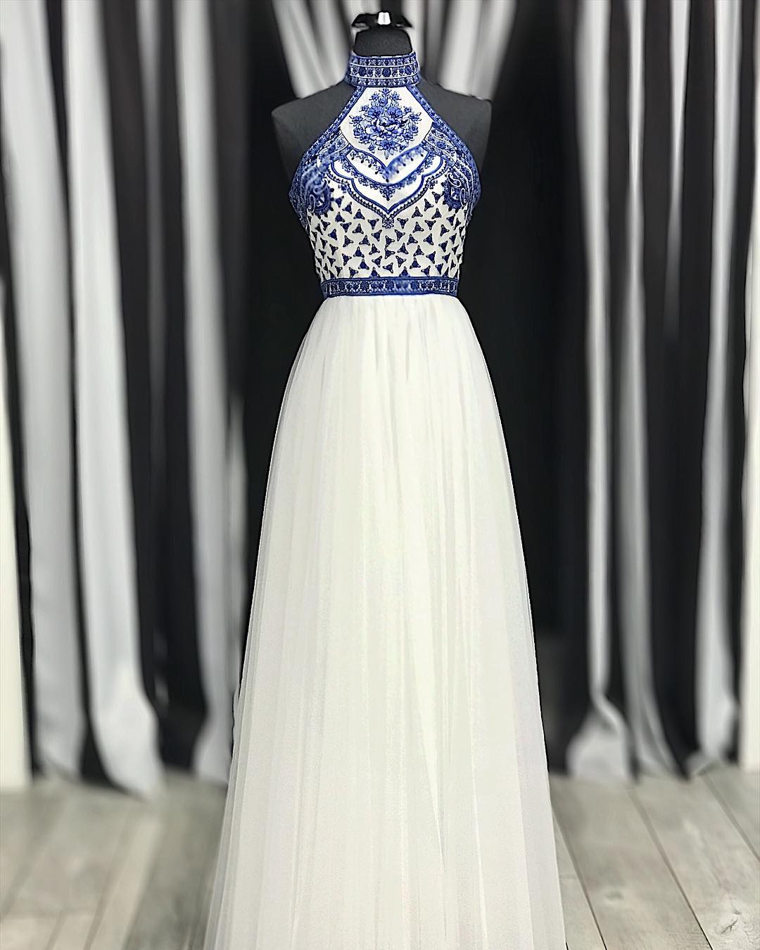 Princess High Neck White Tulle Prom Dress with Blue Embroidery