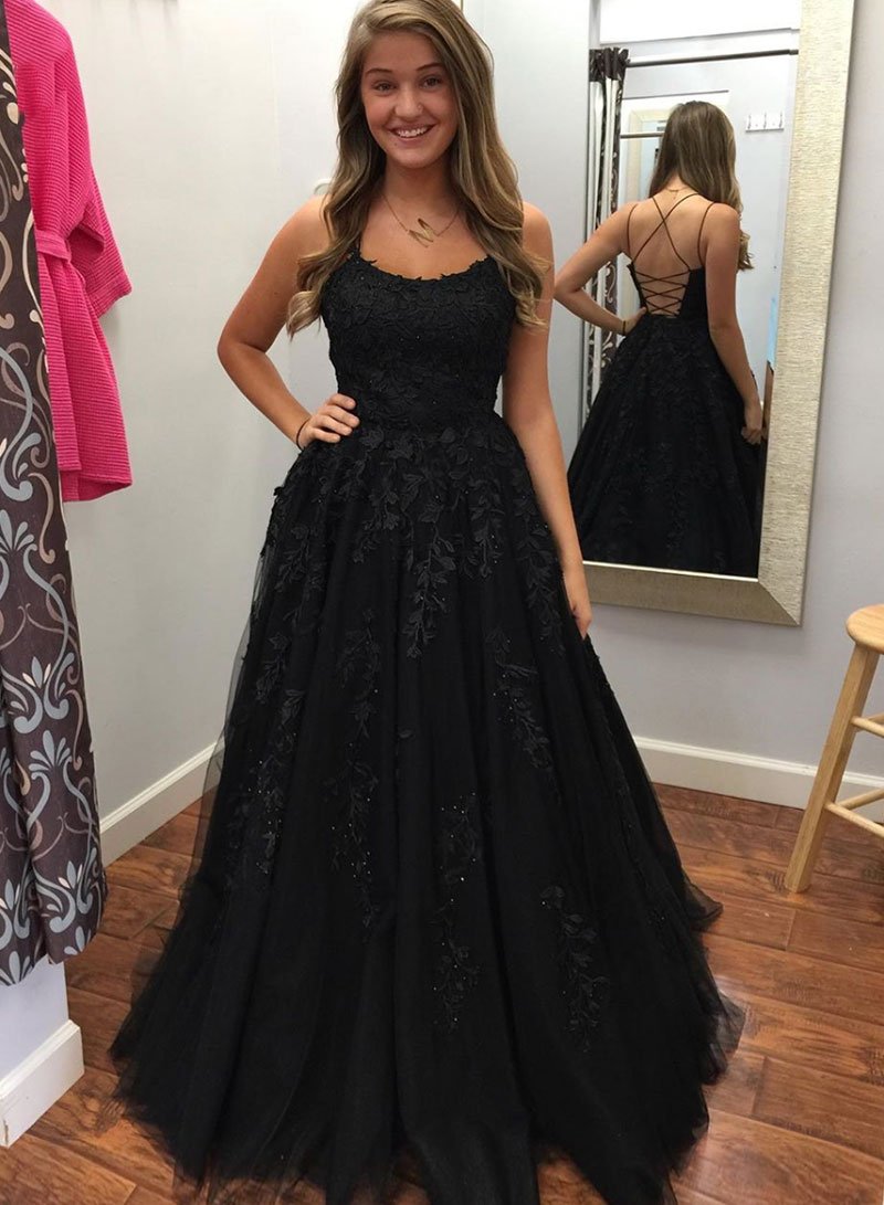 Black Appliques Tulle Long Prom Dress,Lace Up Back Evening Dress on Luulla