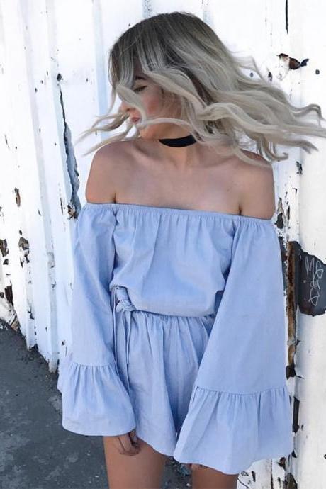 Off-the-shoulder Long Flare-sleeved Romper Featuring Bow Accent Belt