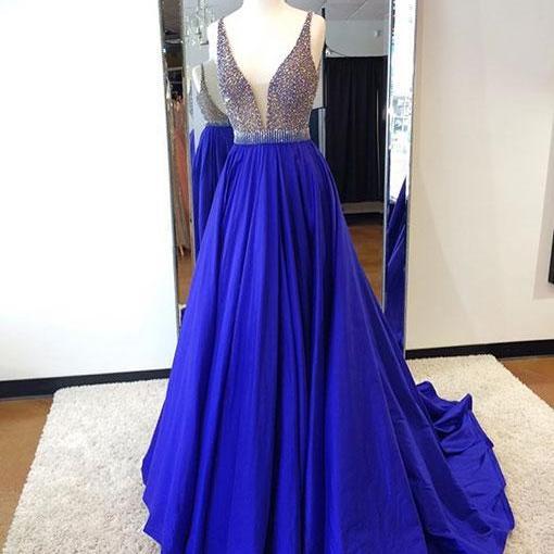 Sexy Royal Blue Beaded Prom Dress,v Neck Satin Evening Dress on Luulla