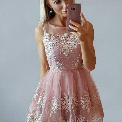 A-line Pink Tulle Homecoming Dresses With Lace Appliqued ,short ...