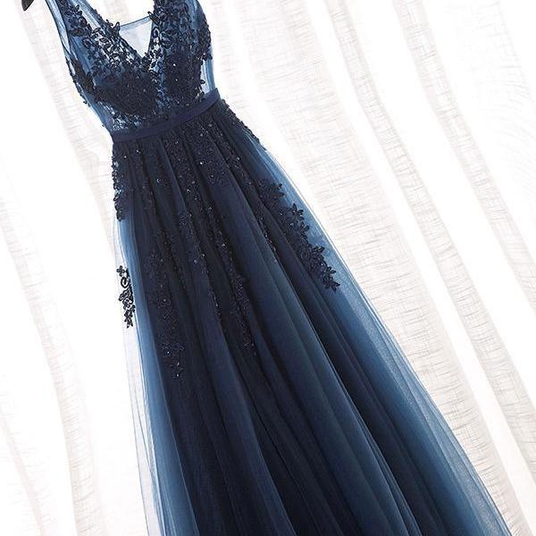 Elegant Dark Navy Applique Beaded Prom Dress,long Sleeveless Lace