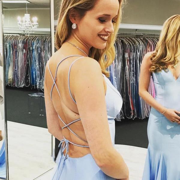Elegant Mermaid Strapless Sequin Light Sky Blue Long Prom Dresses Evening Dress C3137