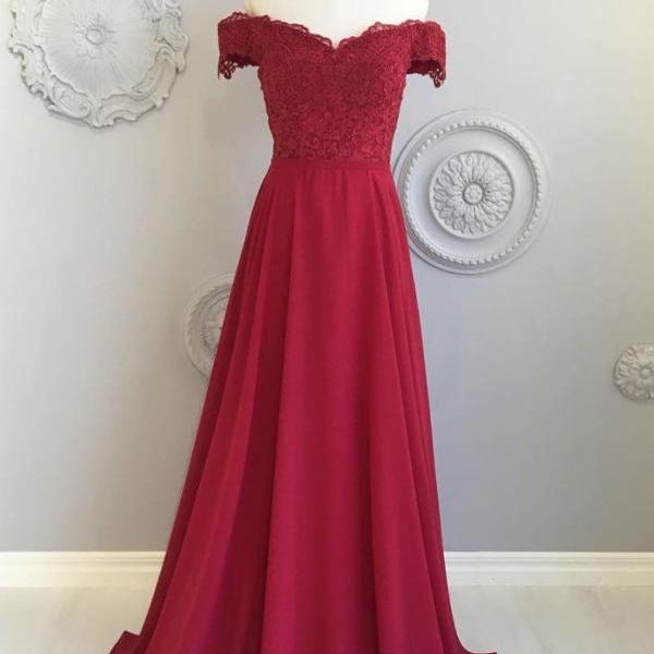 Off the Shoulder Long Chiffon Dresses Burgundy
