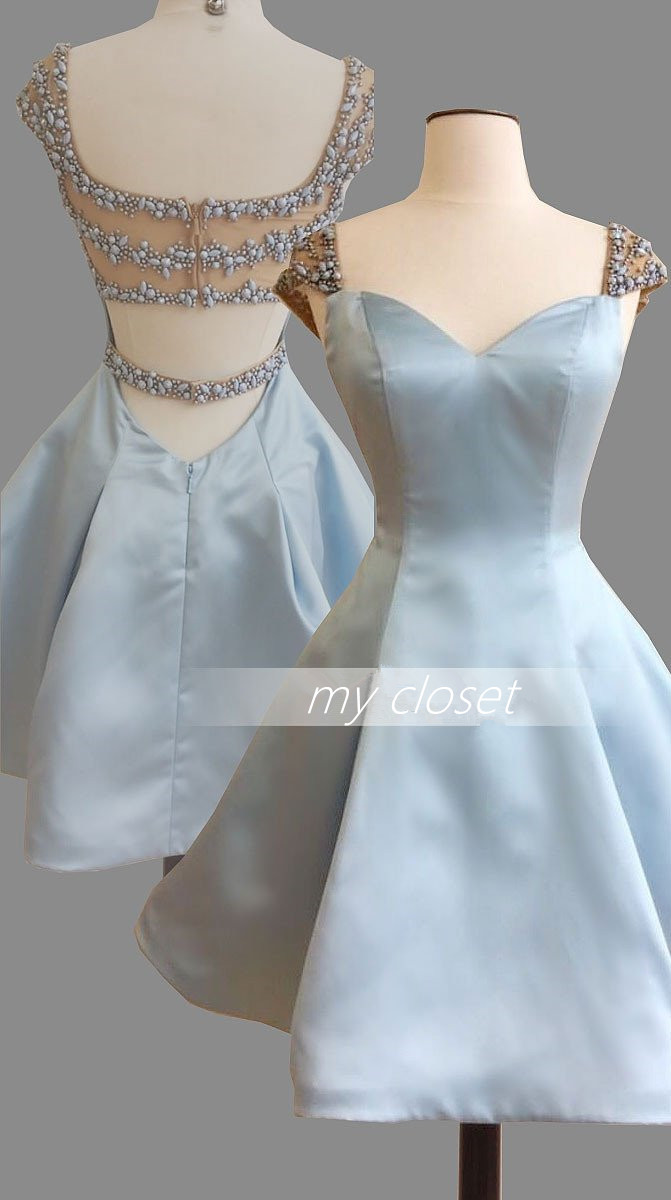 Cute Sweetheart Light Blue Short Prom Dress,Short Beaded Homecoming ...