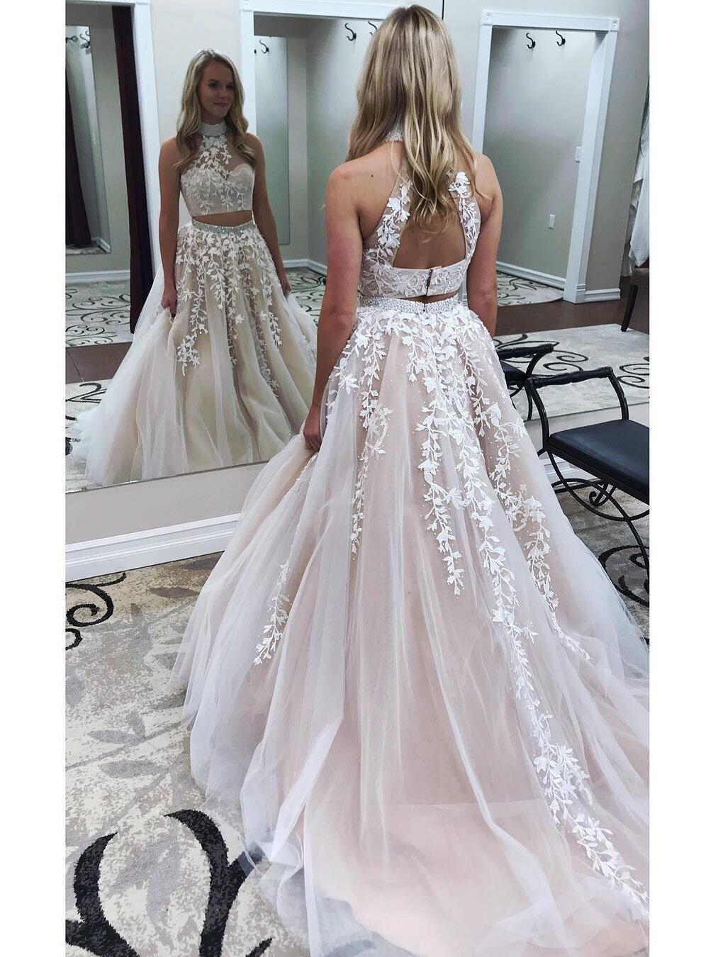 Princess A Line White Lace Appliqued Prom Dresseshigh Neck Two Piece Tulle Prom Dress On Luulla 5250