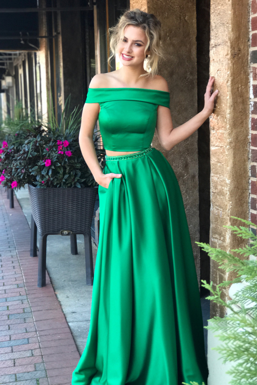 Two Piece Off Shouler Green Long Prom Dress With Pockets,Waist Beaded ...