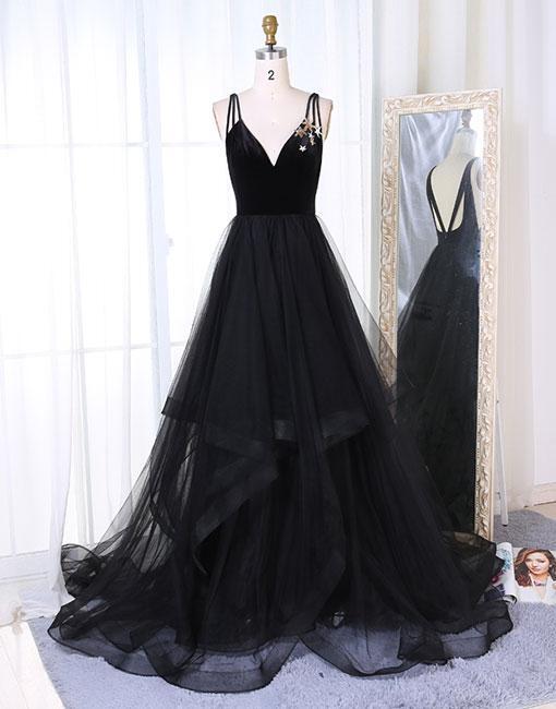 Black Straps V-Neck Sweep Train Long Prom Dress,Charming Evening Dress ...