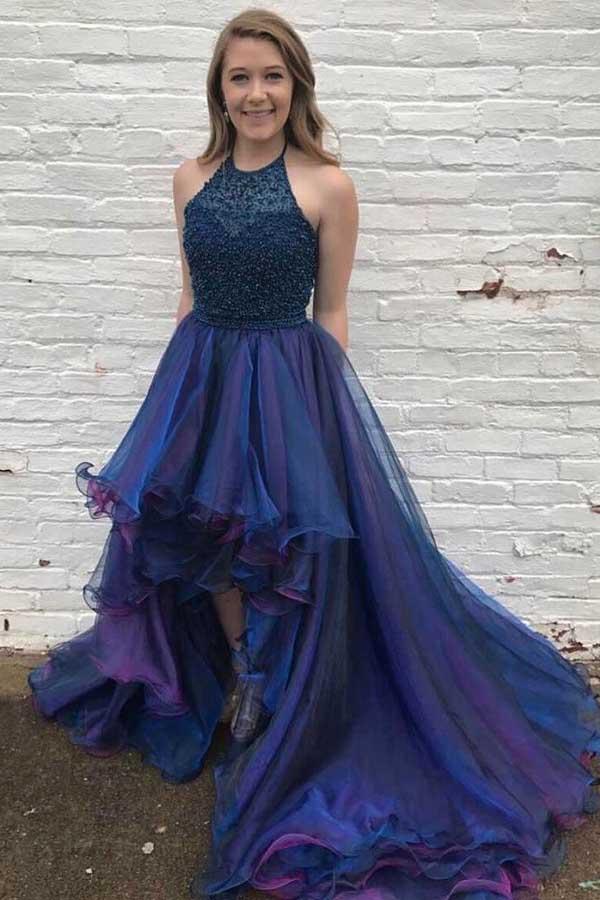 Charming Royal Blue Halter Beaded High Low Prom Dress, Ruffles Evening ...