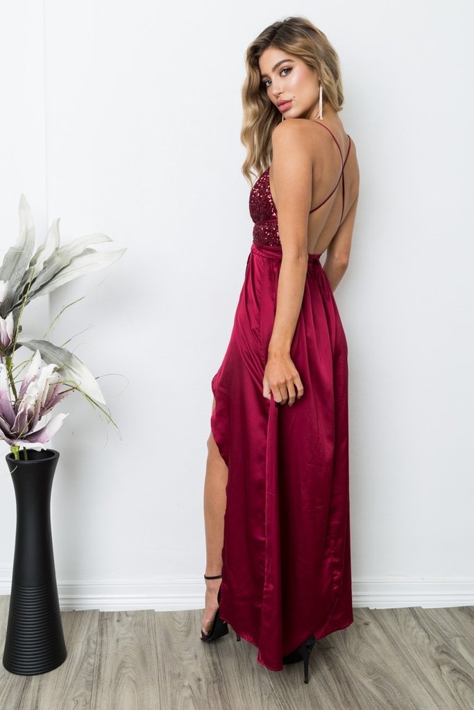 rare beauty burgundy backless maxi dress