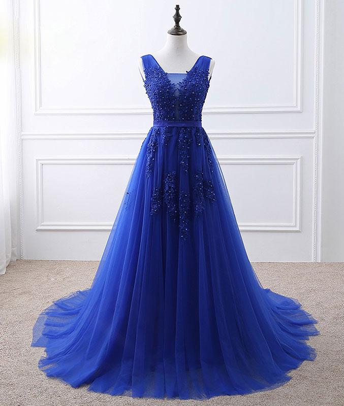 Blue V-neck Lace Beaded Prom Dress,A-line Tulle Evening Dress on Luulla