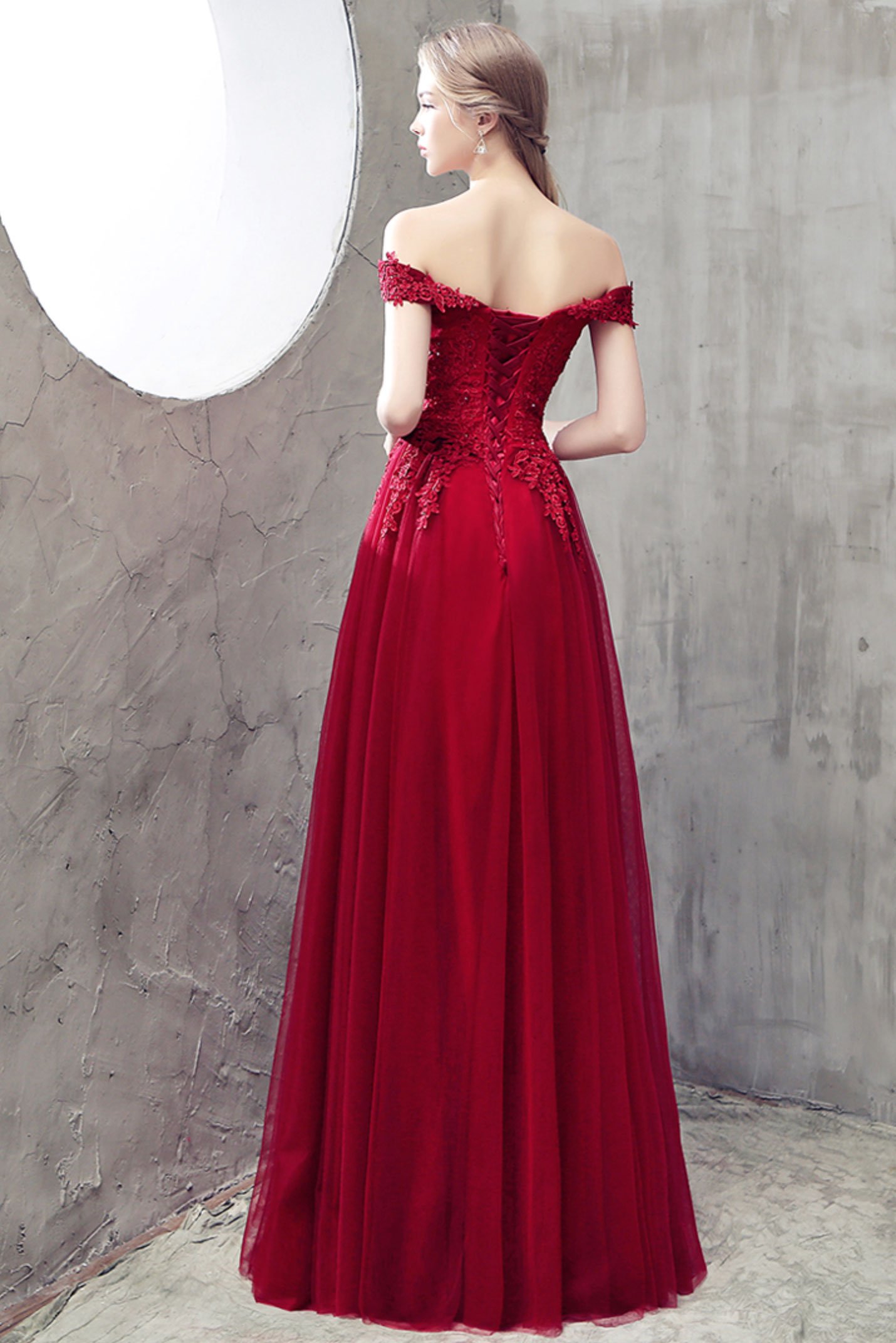 Elegant Burgundy Long Prom Dress With Applique,aline Lace Tulle Formal