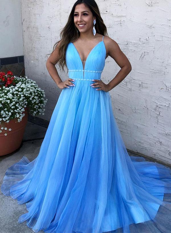 Blue V Neck Tulle Long Prom Dress,beaded Waist Evening Dress on Luulla