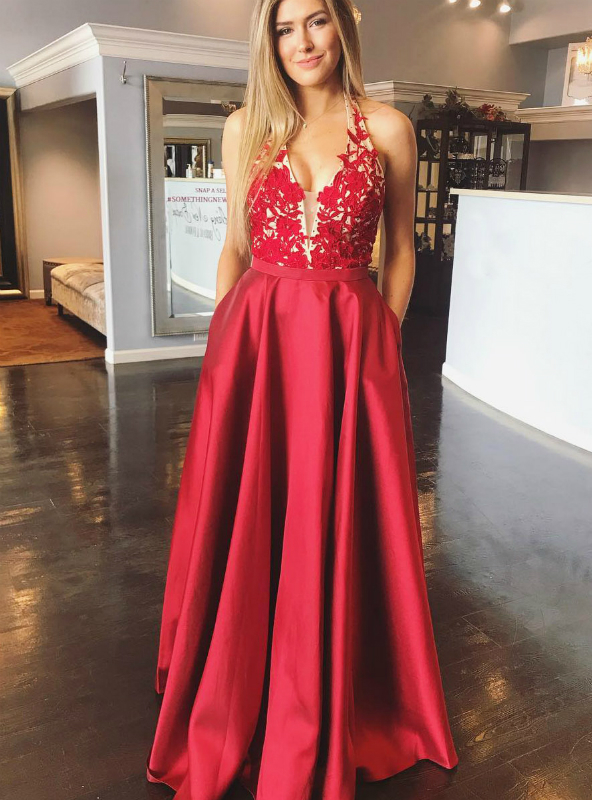 Charming Red Vneck Applique Beaded Prom Dress,backless Long Prom Dress