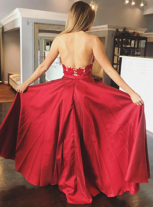 Charming Red Vneck Applique Beaded Prom Dress,backless Long Prom Dress
